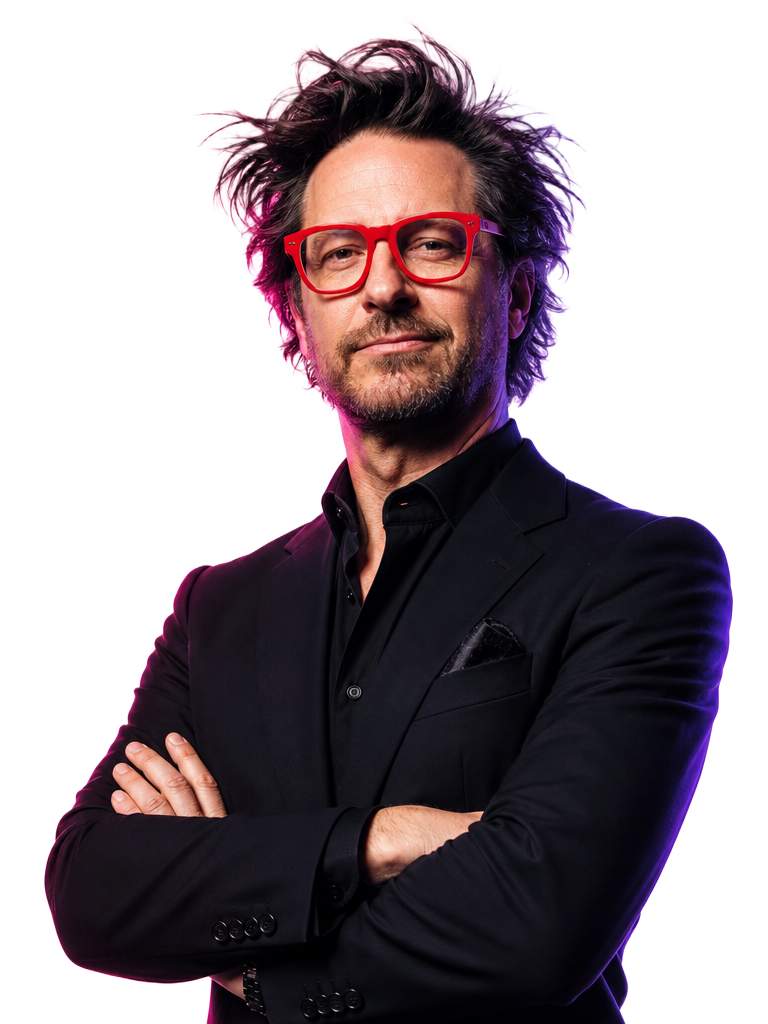 MARK, the CMO, a man with wild hair and red glasses