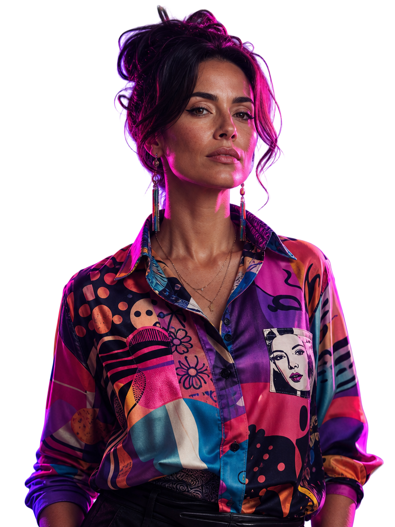 NOVA, the Creative Director, in a funky colorful shirt