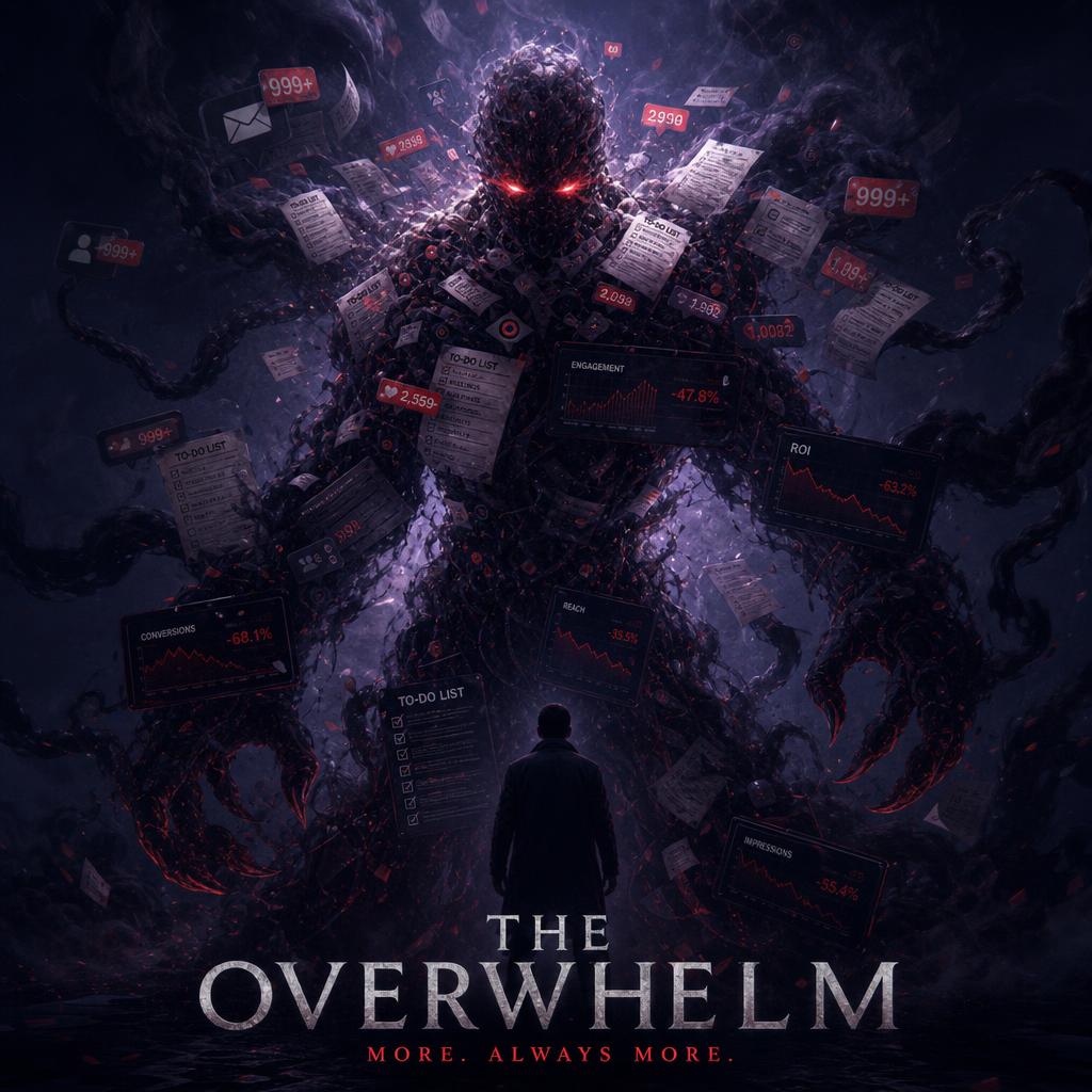 THE OVERWHELM — the villain made of endless notifications, to-do lists, and dead-end dashboards